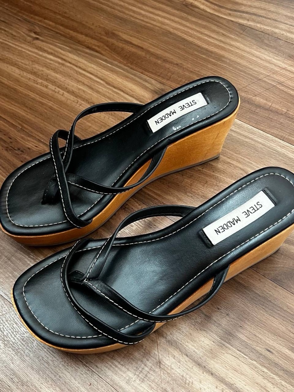 Steve Madden Black Leather Strappy Wedge Sandals with Tan Platform